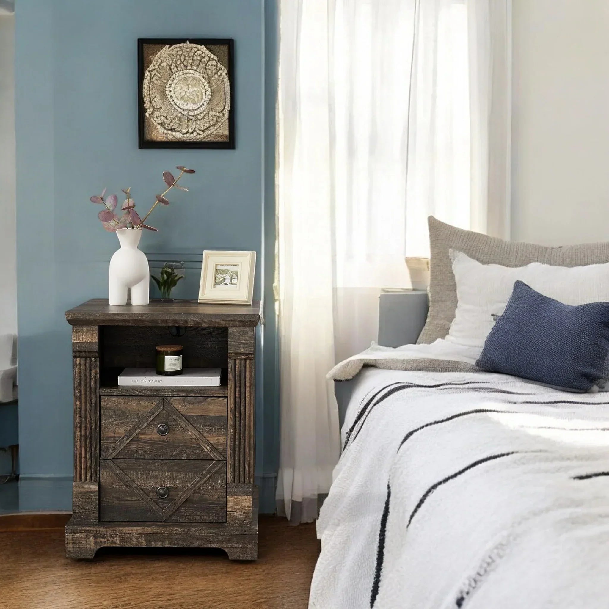 Rustic Wood Nightstand with Drawers – Farmhouse End Table Style 