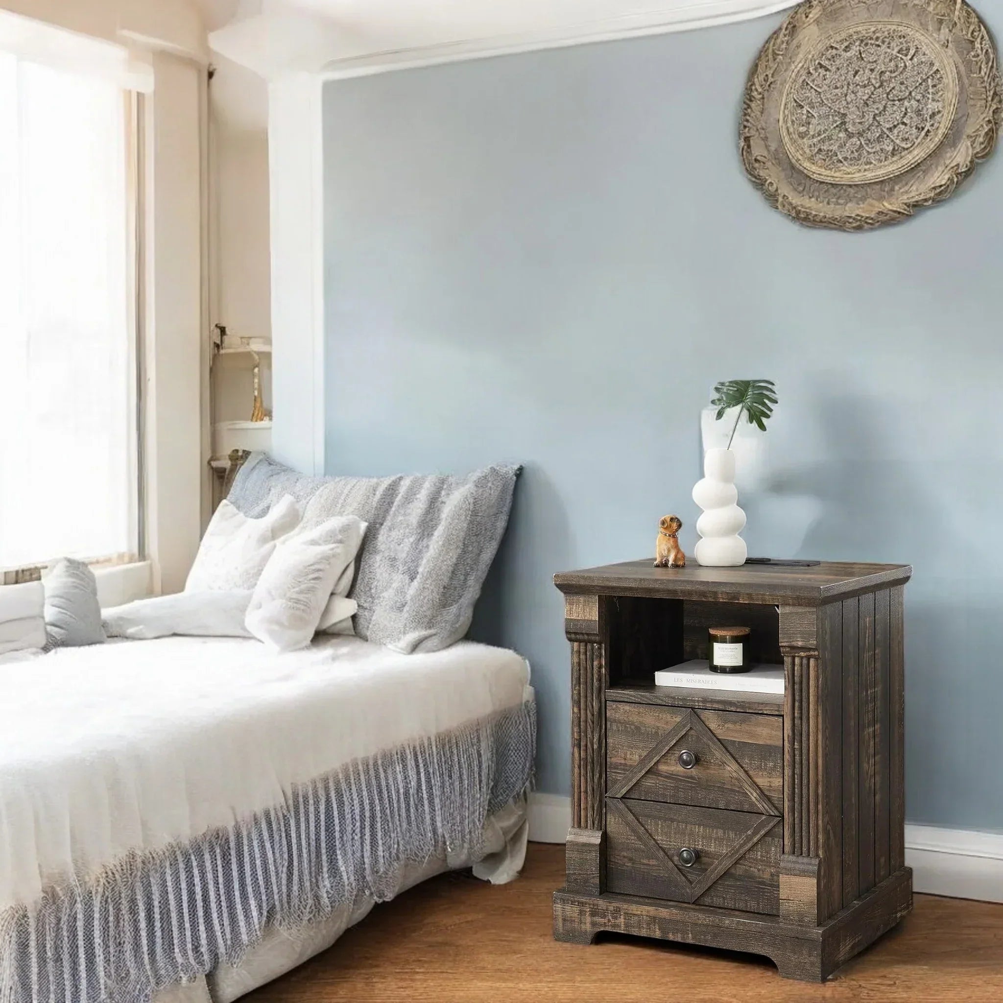 Rustic Wood Nightstand with Drawers – Farmhouse End Table Style 