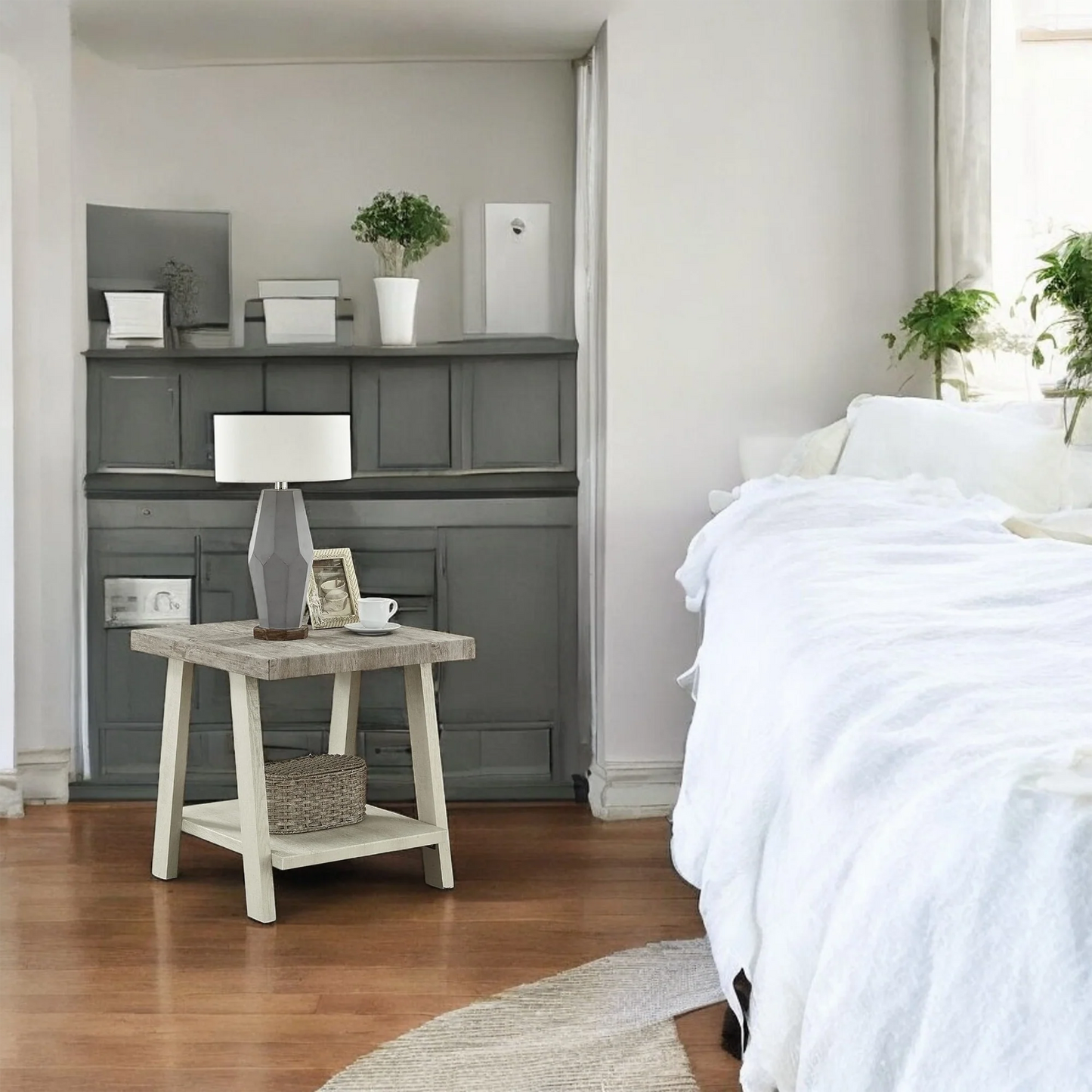 Rustic Wood Side Table with Shelf – Modern End Table Nightstand 