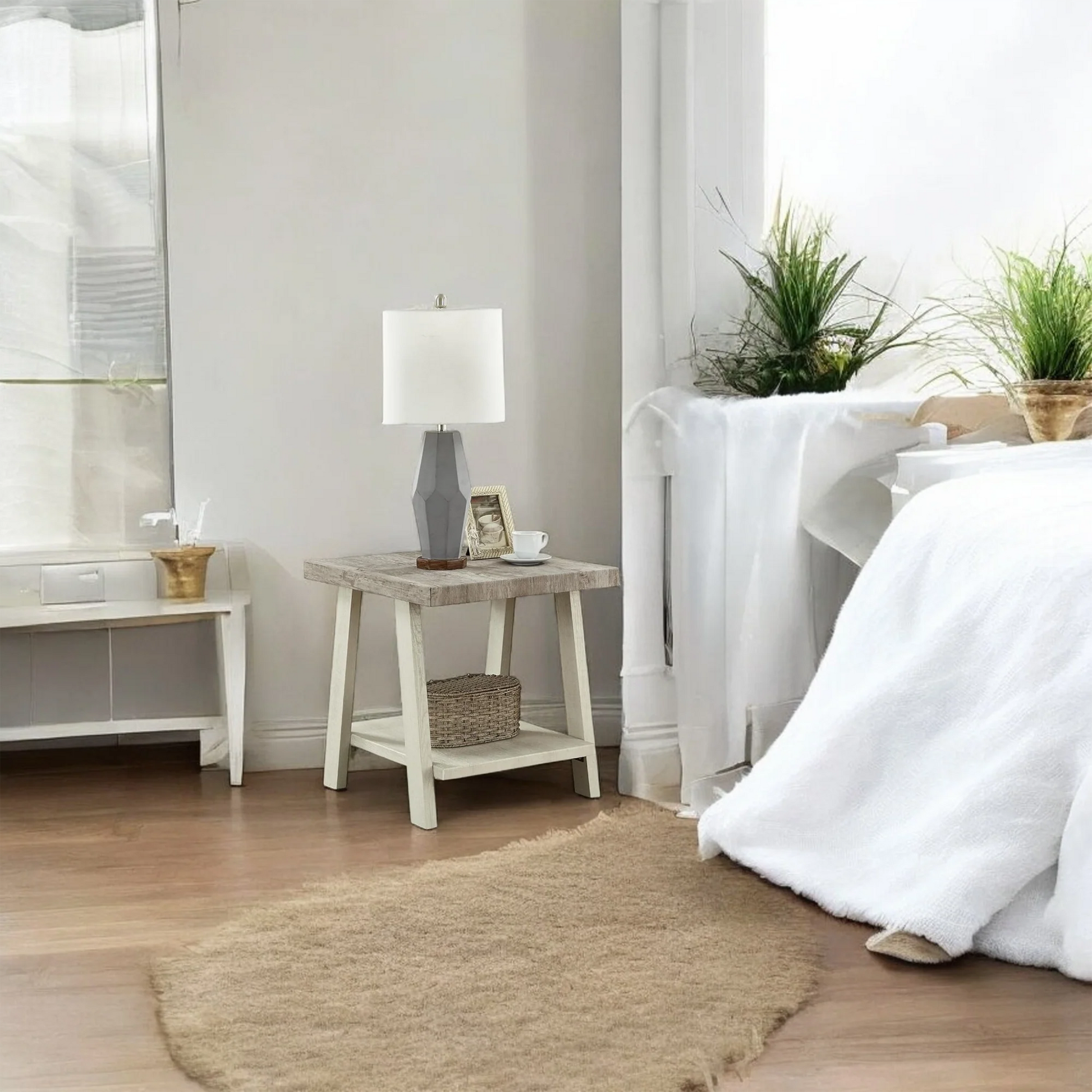 Rustic Wood Side Table with Shelf – Modern End Table Nightstand 