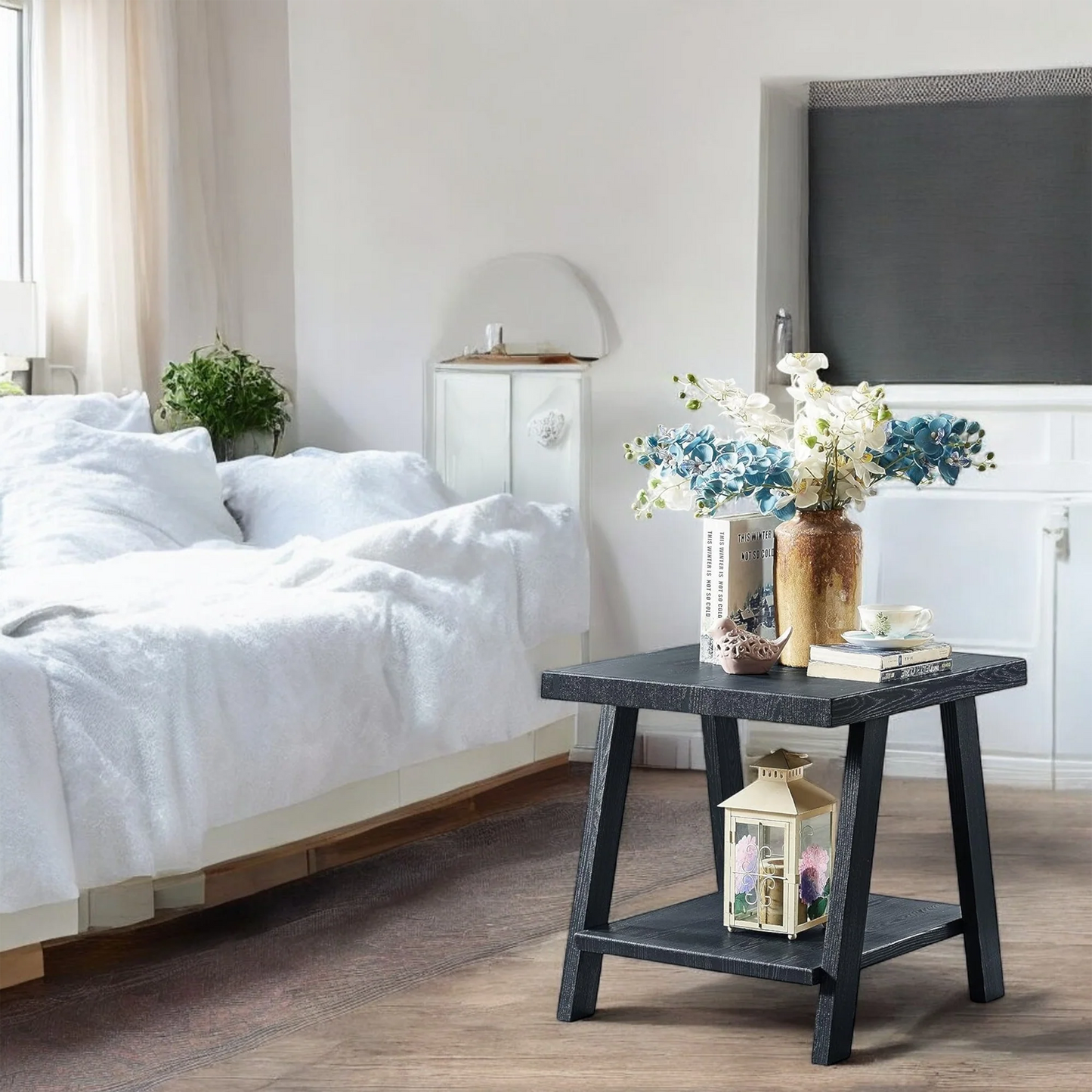 Rustic Wood Side Table with Shelf – Modern End Table Nightstand 