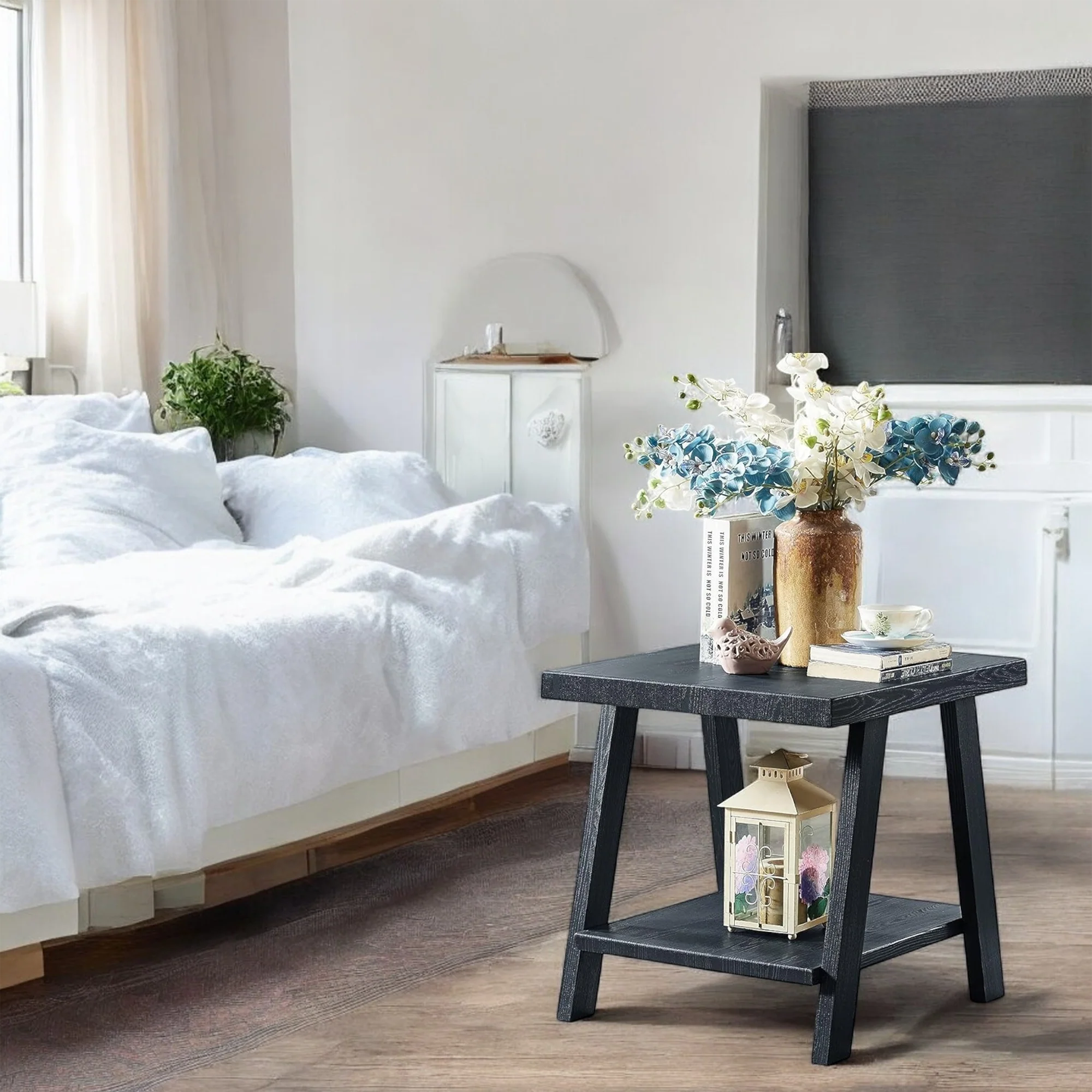 Rustic Wood Side Table with Shelf – Modern End Table Nightstand 
