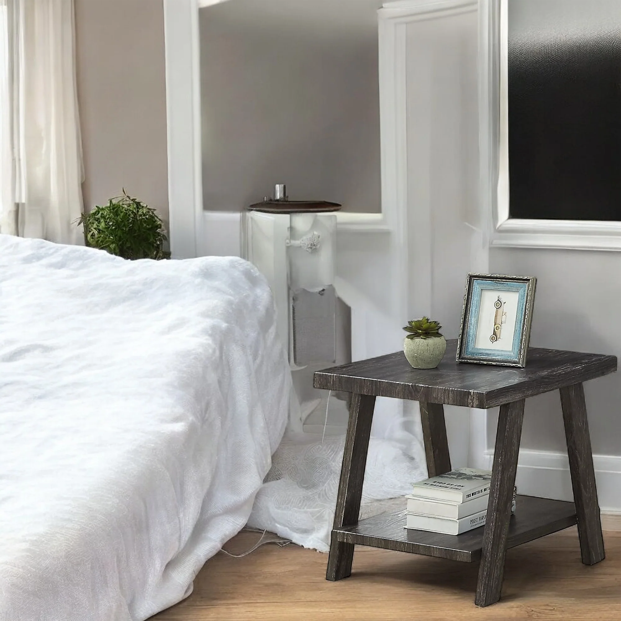 Rustic Wood Side Table with Shelf – Modern End Table Nightstand 