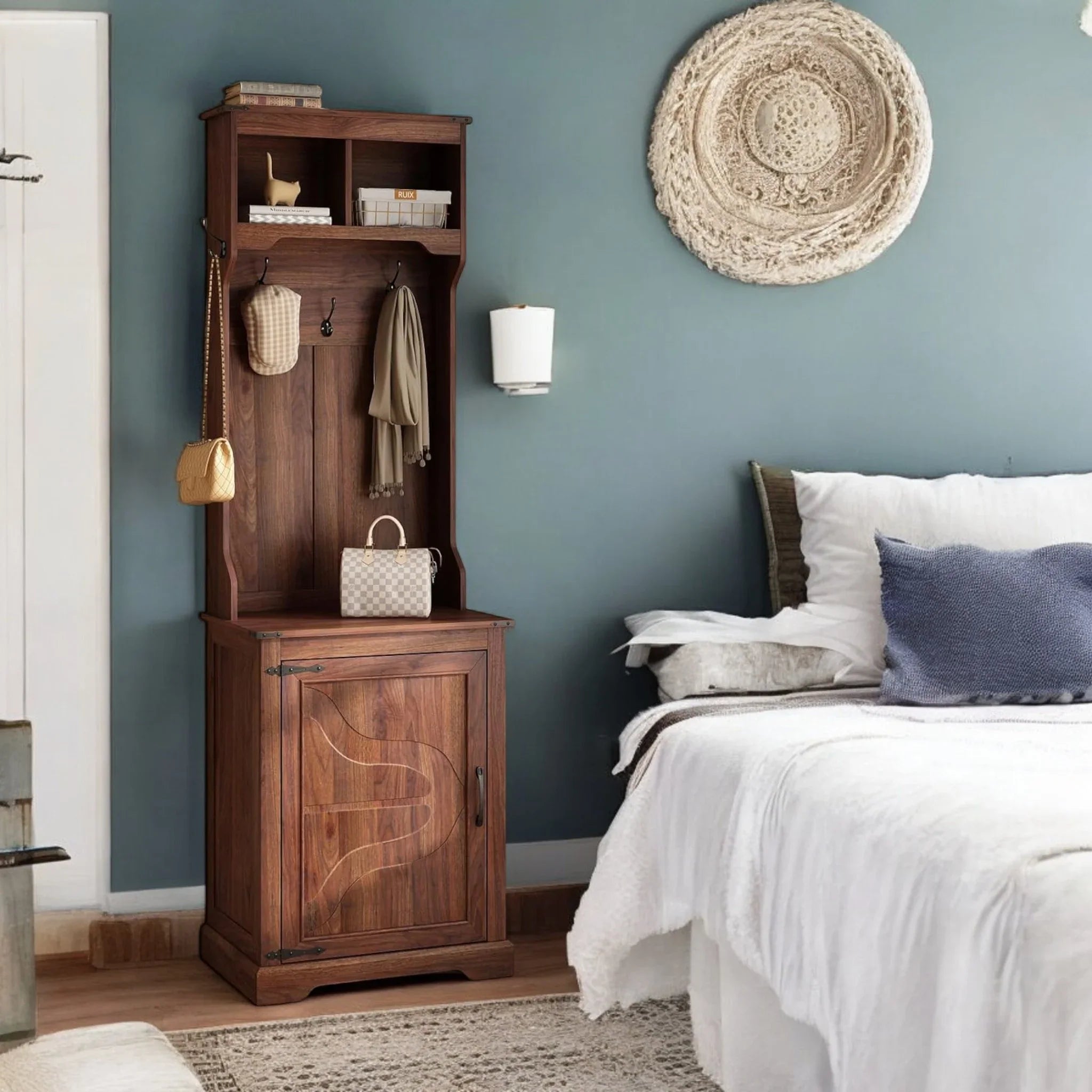 Rustic Wooden Hall Tree Entryway Organizer with Shoe Storage 