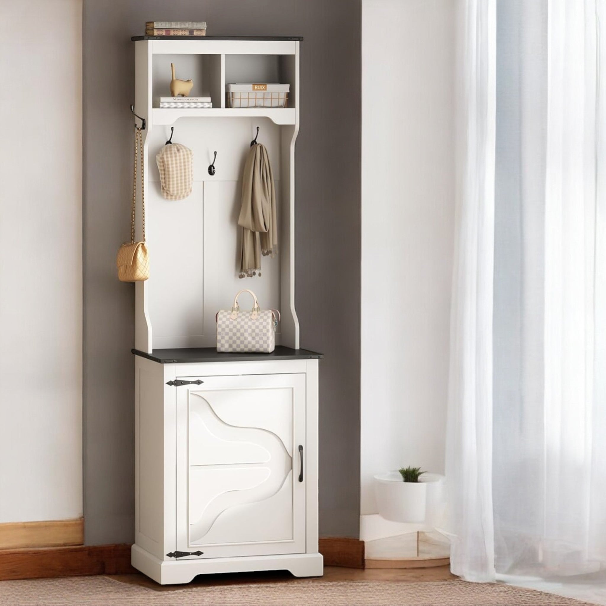 Rustic Wooden Hall Tree Entryway Organizer with Shoe Storage 