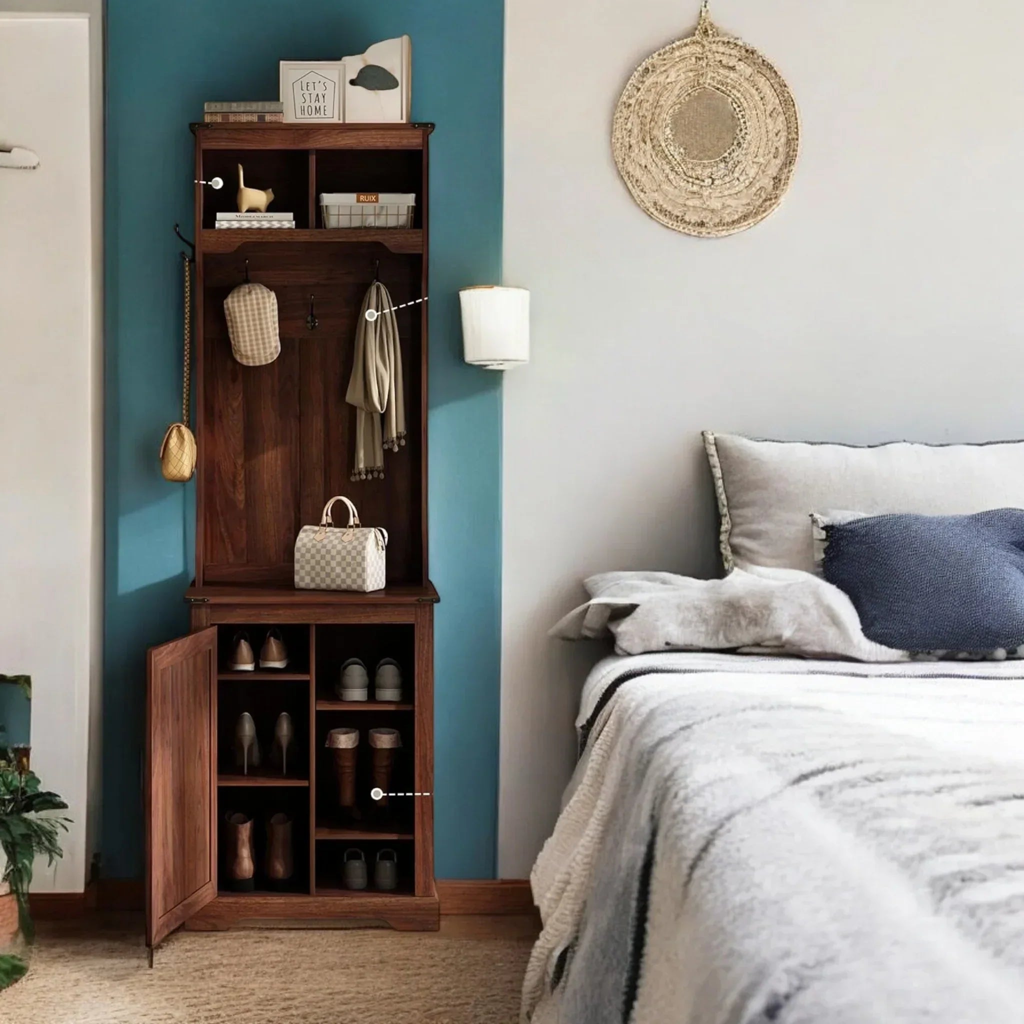 Rustic Wooden Hall Tree Entryway Organizer with Shoe Storage 