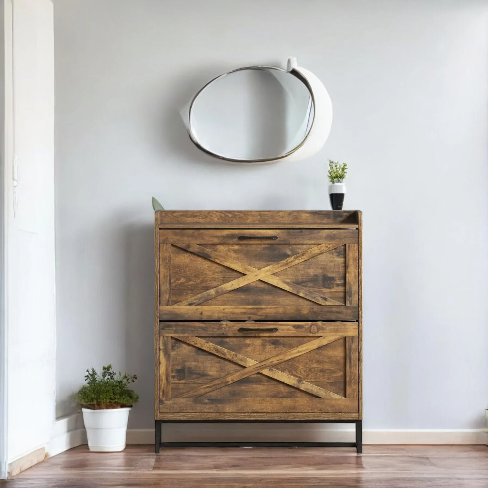 Rustic Wooden Shoe Cabinet with 3 Flip Drawers & Top Shelf 