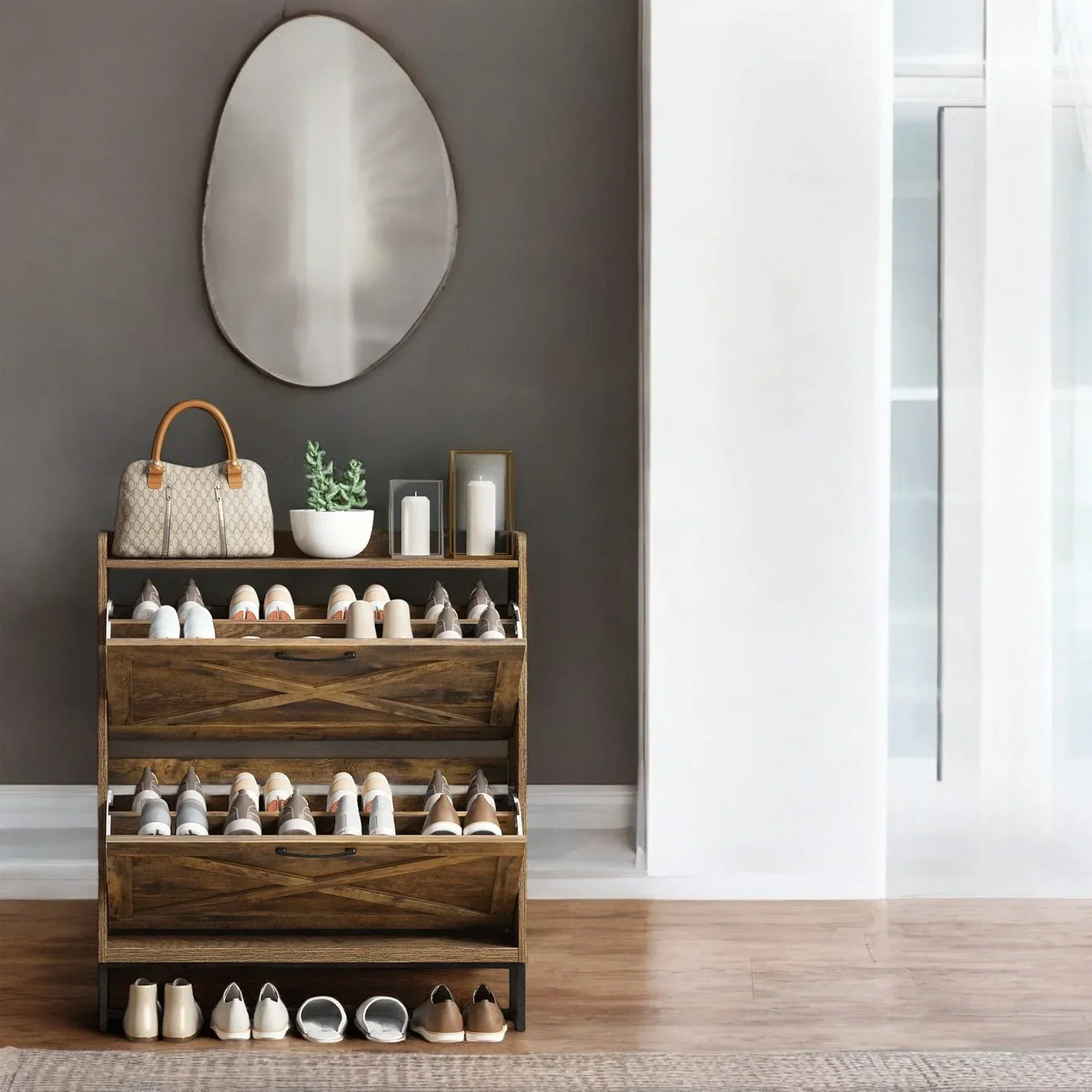 Rustic Wooden Shoe Cabinet with 3 Flip Drawers & Top Shelf 