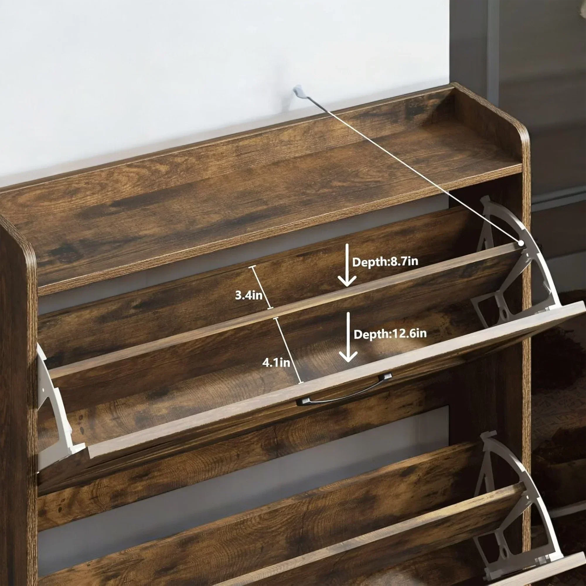 Rustic Wooden Shoe Cabinet with 3 Flip Drawers & Top Shelf 