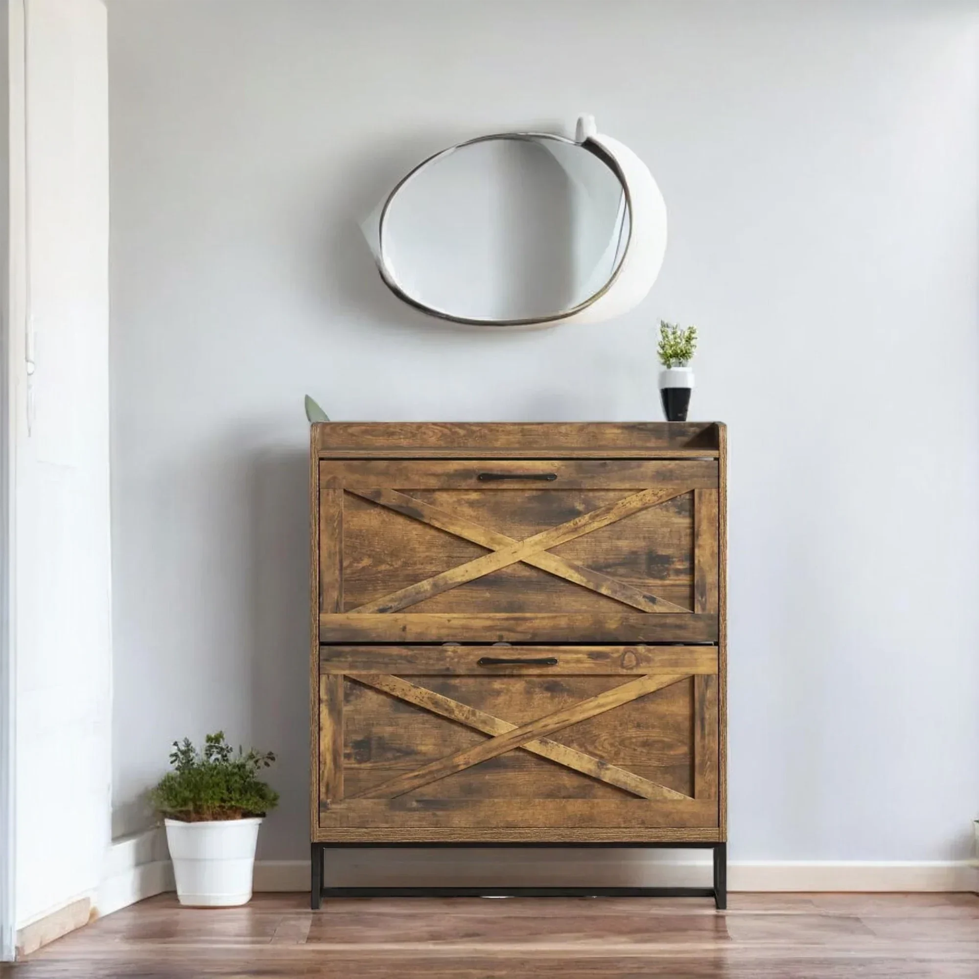 Rustic Wooden Shoe Cabinet with 3 Flip Drawers & Top Shelf 