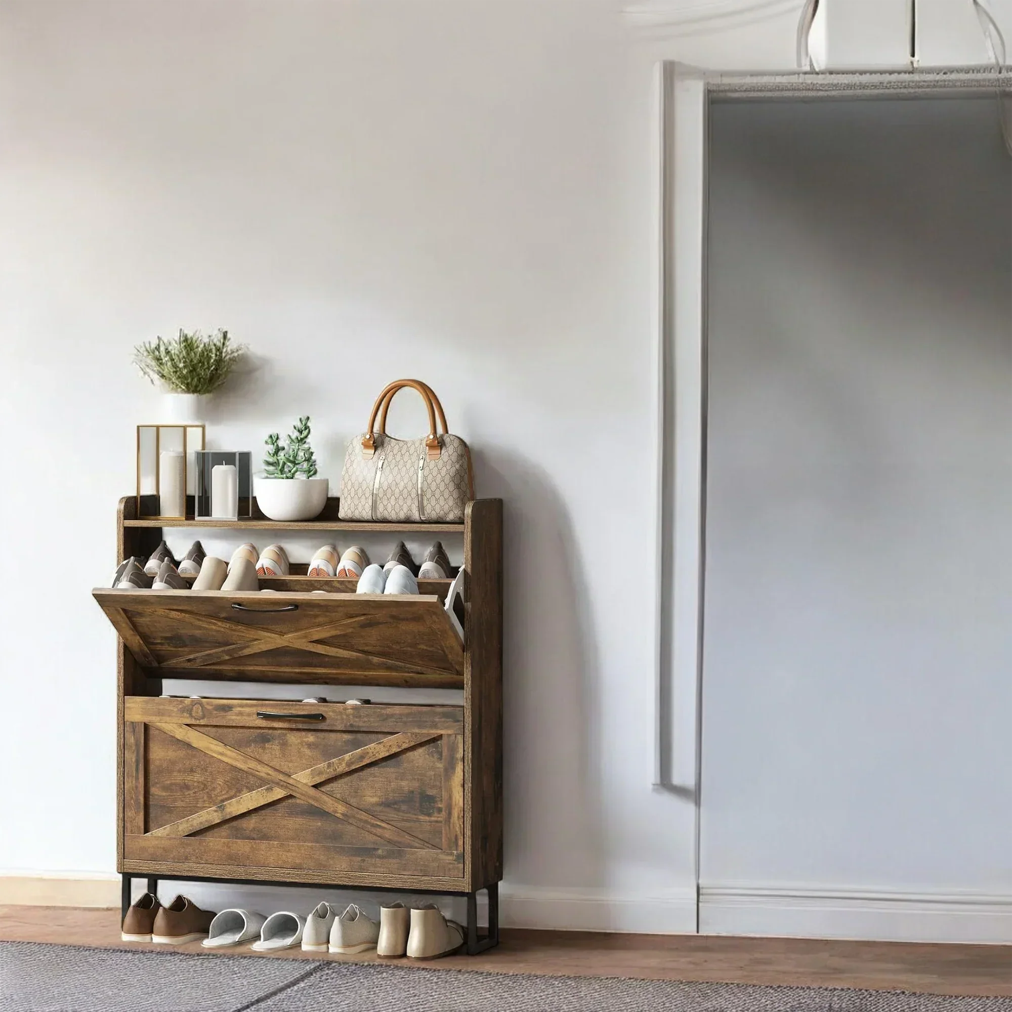 Rustic Wooden Shoe Cabinet with 3 Flip Drawers & Top Shelf 