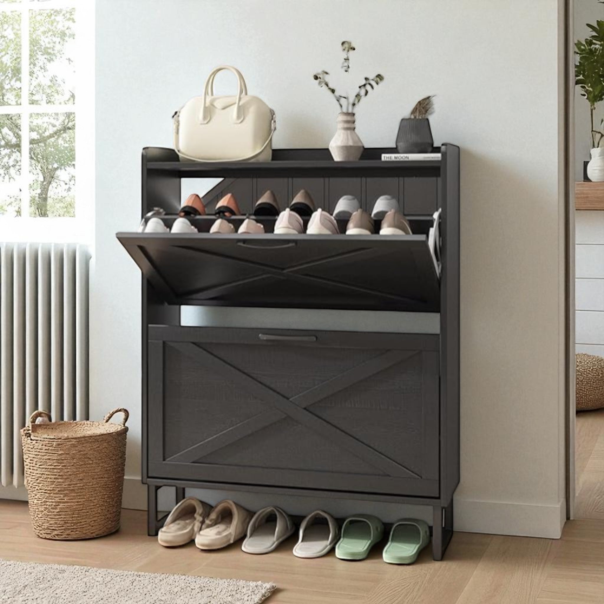 Rustic Wooden Shoe Cabinet with 3 Flip Drawers & Top Shelf 