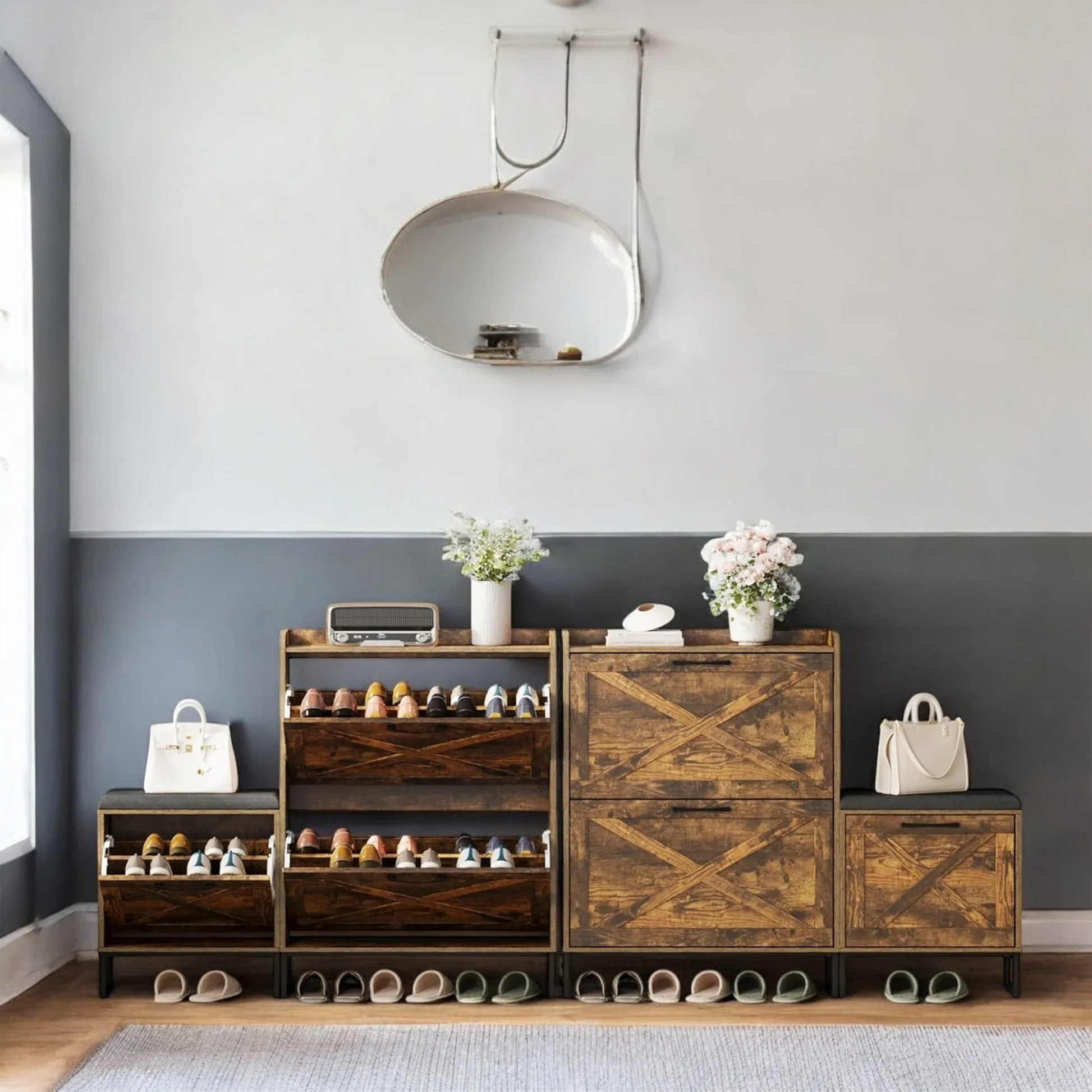 Rustic Wooden Shoe Cabinet with Cushioned Bench & Storage Drawers 