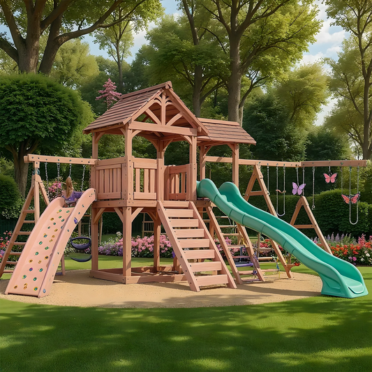 Backyard Kids Playground – Wooden Swing Set with Playhouse, Slides & Climbing Features