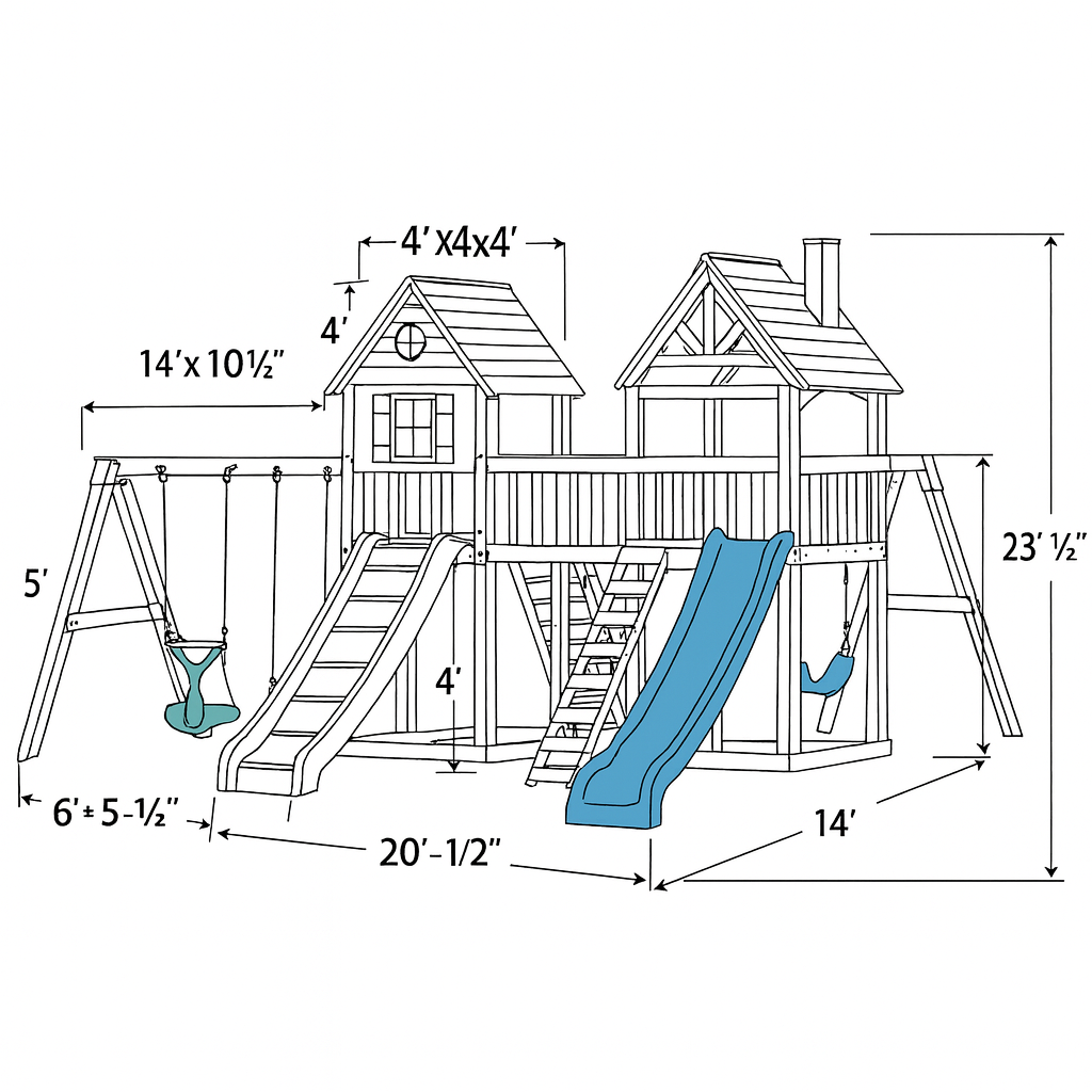 Wooden Outdoor Play Structure – Twin Playhouse, Swings & Slides for Kids