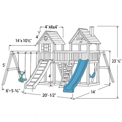 Wooden Outdoor Play Structure – Twin Playhouse, Swings & Slides for Kids