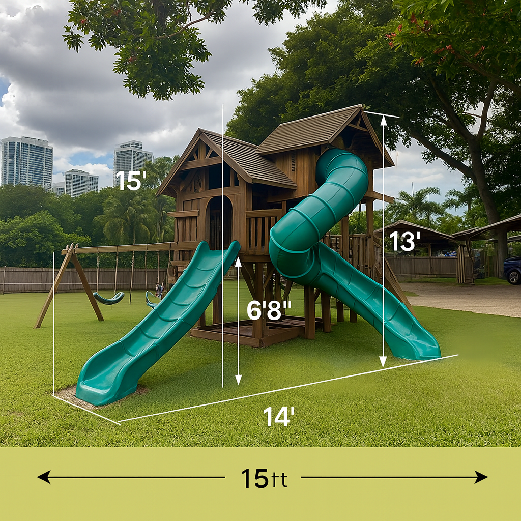 Kids Outdoor Playhouse with Swings, Dual Slides & Climbing Ladder – Wooden Swing Set
