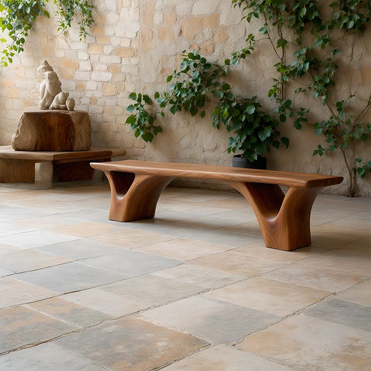 Sculpted Arch-Base Solid Wood Bench – Modern Fluid Silhouette - Rustirawood