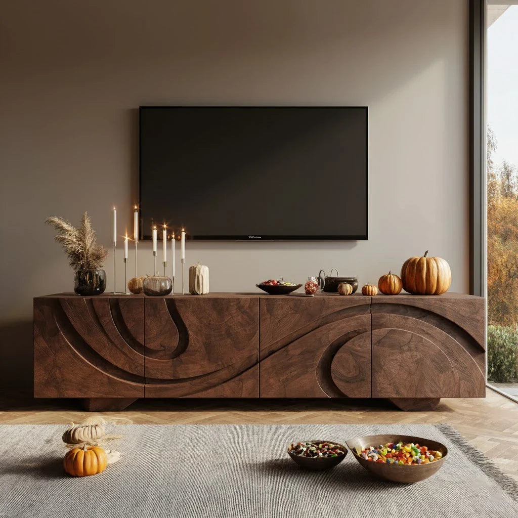 Sculpted Dark Walnut TV Stand — Lunar Tide Edition - Rustira