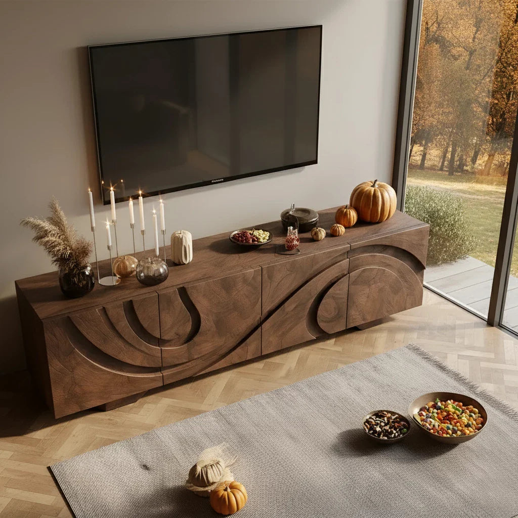Sculpted Dark Walnut TV Stand — Lunar Tide Edition - Rustira