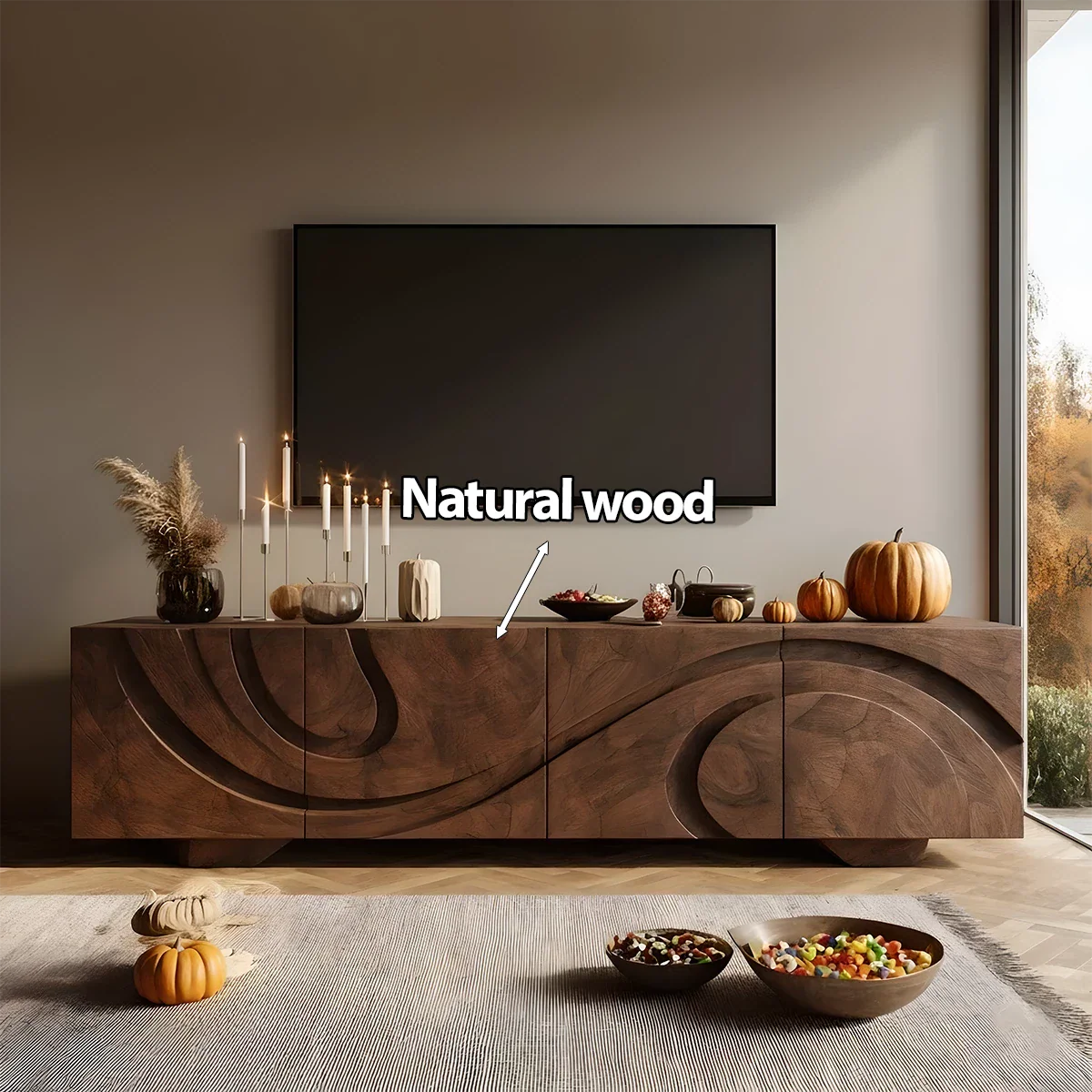 Sculpted Dark Walnut TV Stand — Lunar Tide Edition - Rustira