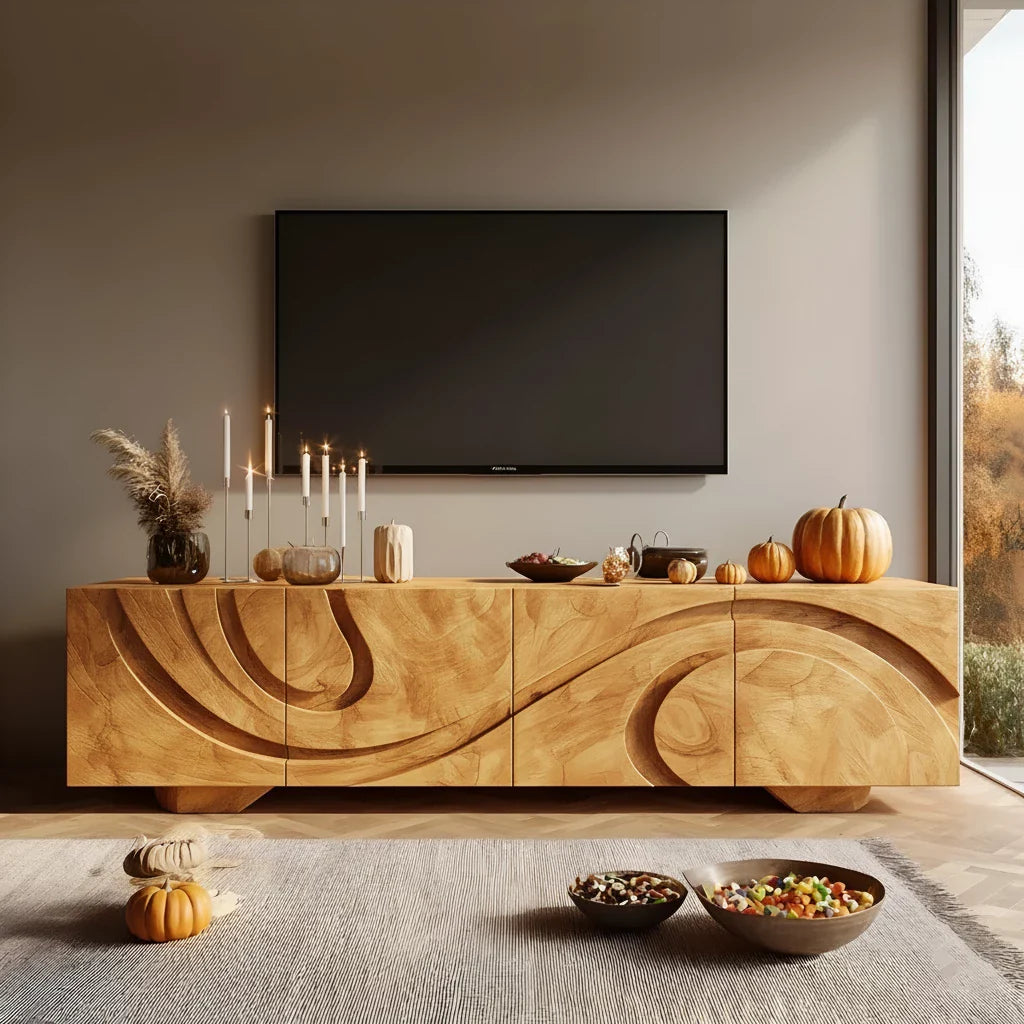 Sculpted Dark Walnut TV Stand — Lunar Tide Edition - Rustira