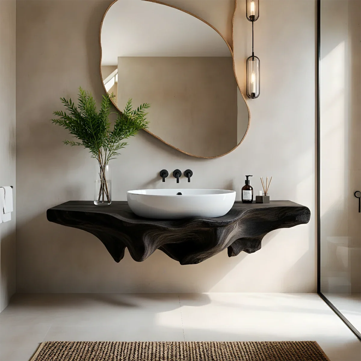 Sculpted Live Edge Floating Wood Bathroom Vanity Shelf - Rustira