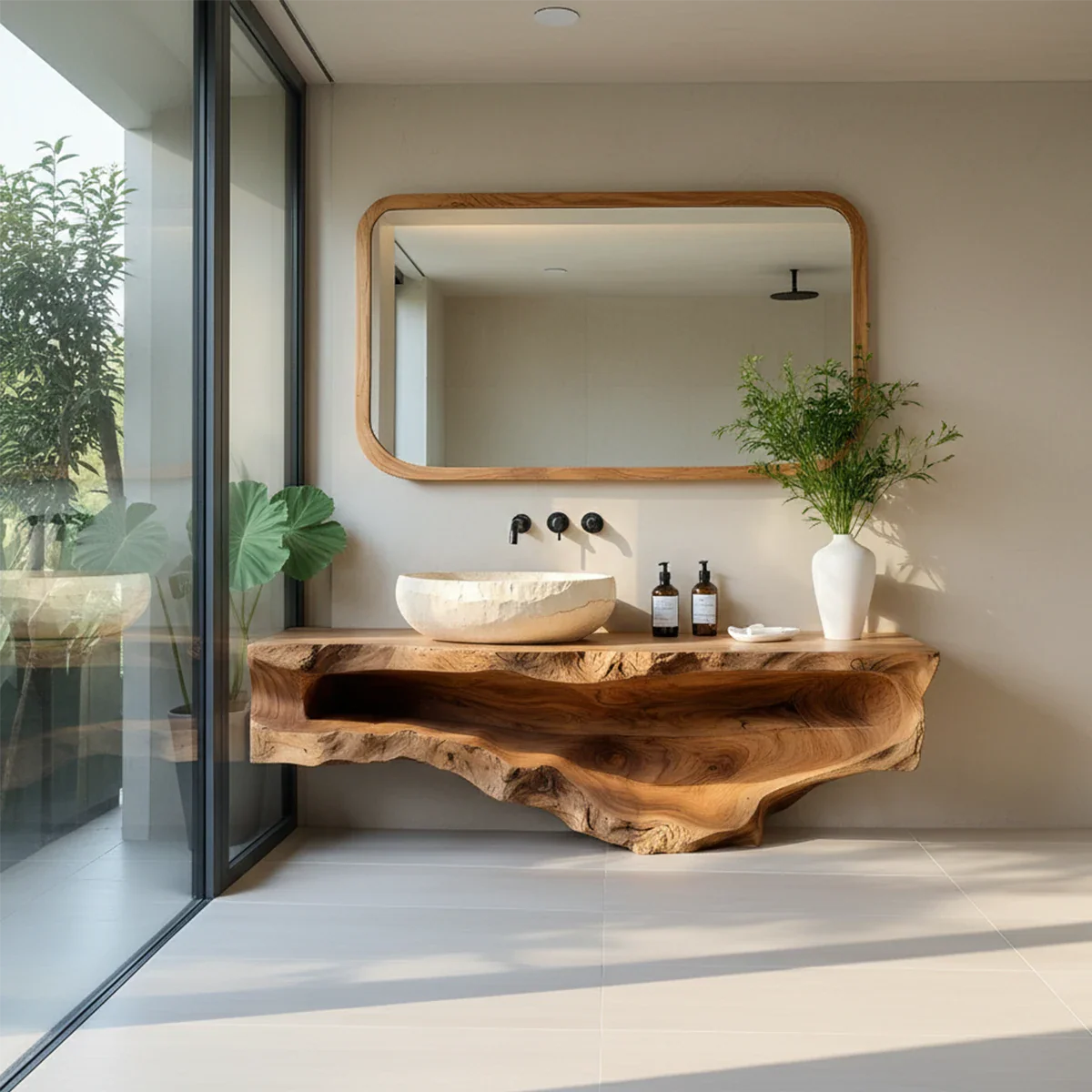 Sculpted Live Edge Solid Wood Vanity with Organic Form - Rustira