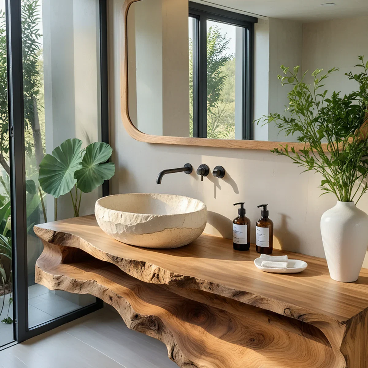 Sculpted Live Edge Solid Wood Vanity with Organic Form - Rustira