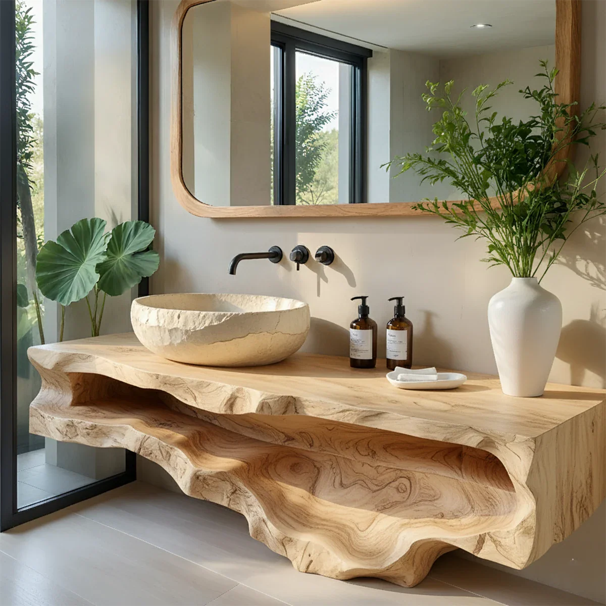 Sculpted Live Edge Solid Wood Vanity with Organic Form - Rustira