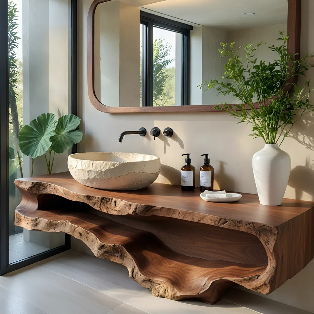 Sculpted Live Edge Solid Wood Vanity with Organic Form - Rustira
