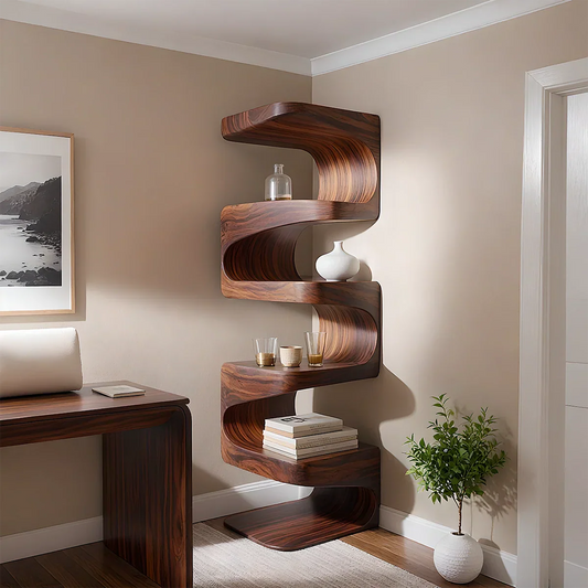 Sculpted Solid Wood Corner Bookshelf – Flow Form Edition - Rustirawood