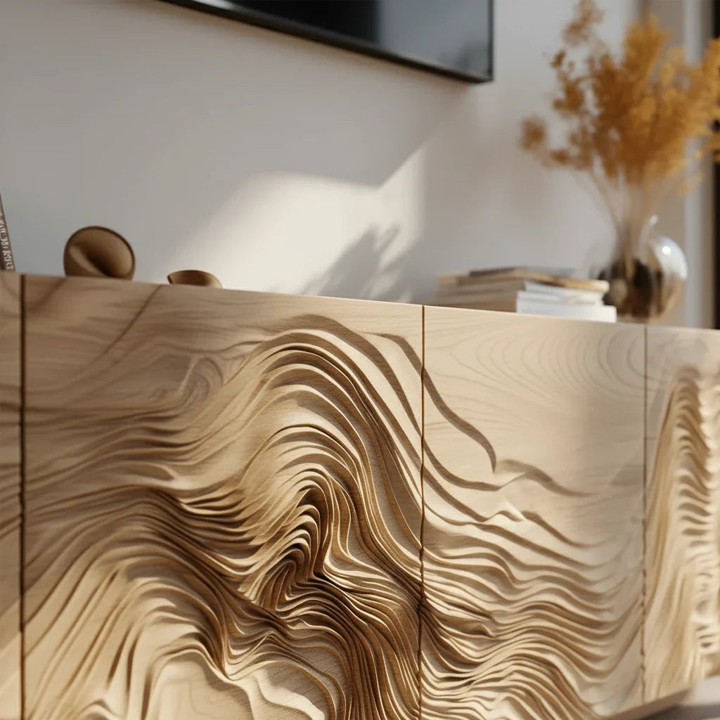 Sculpted Solid Wood TV Stand – Organic Wave Texture Media Console - Rustira