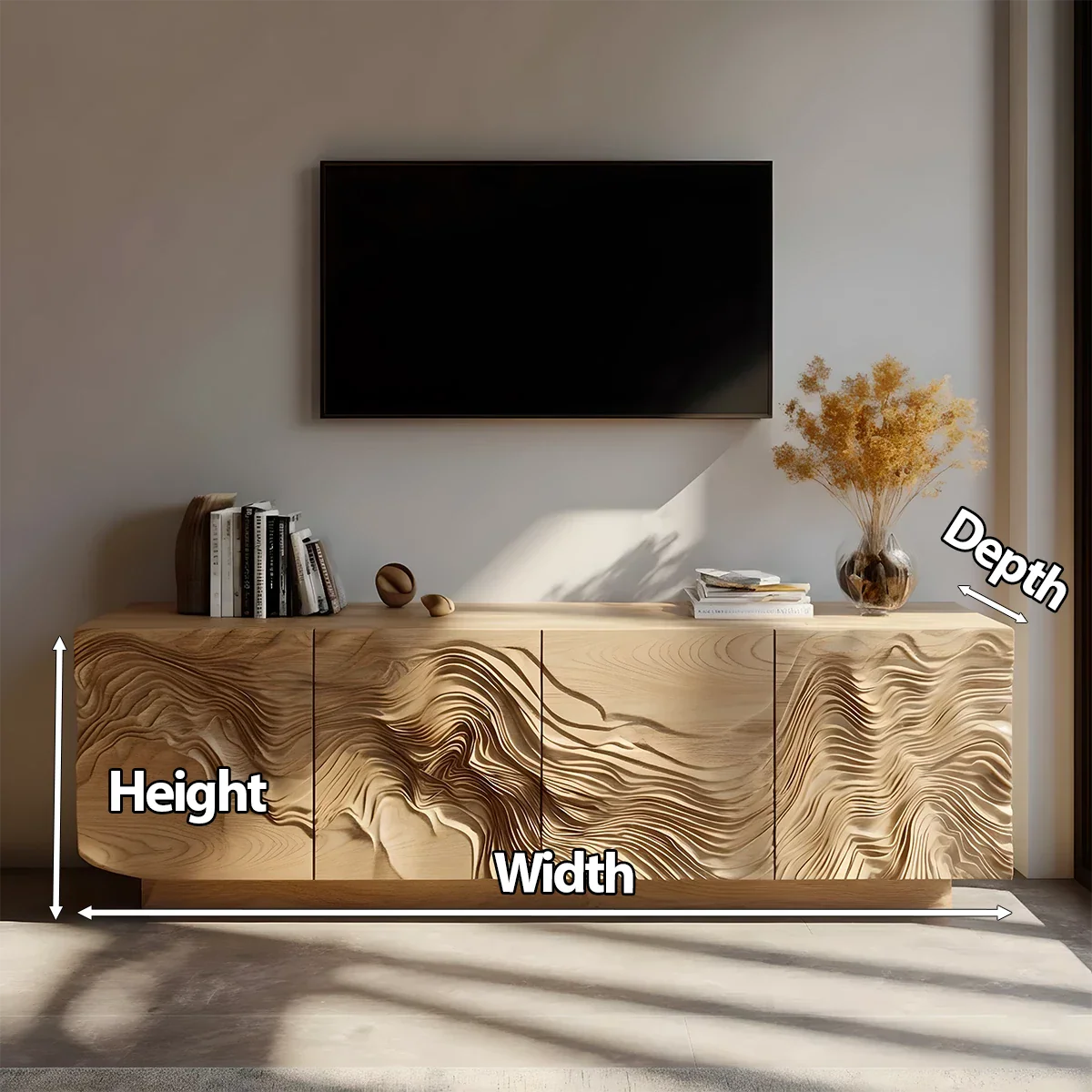 Sculpted Solid Wood TV Stand – Organic Wave Texture Media Console - Rustira