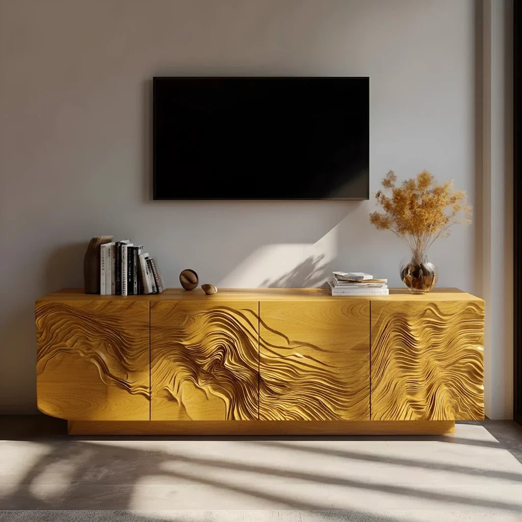 Sculpted Solid Wood TV Stand – Organic Wave Texture Media Console - Rustira