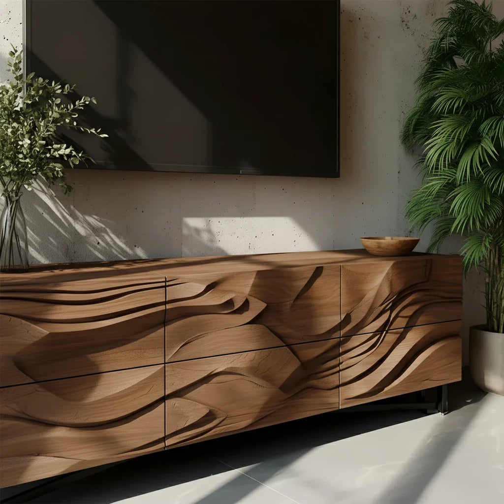 Sculpted Walnut TV Stand – Fluid Organic Modern Media Console - Rustira