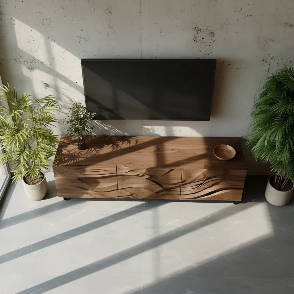 Sculpted Walnut TV Stand – Fluid Organic Modern Media Console - Rustira