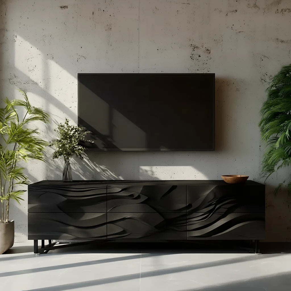 Sculpted Walnut TV Stand – Fluid Organic Modern Media Console - Rustira