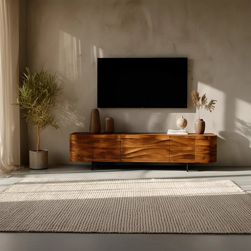 Sculpted Wave Solid Wood TV Stand — Warm Sands Finish - Rustira