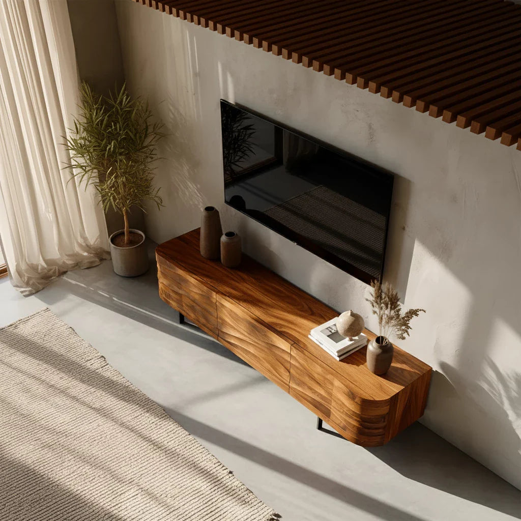 Sculpted Wave Solid Wood TV Stand — Warm Sands Finish - Rustira