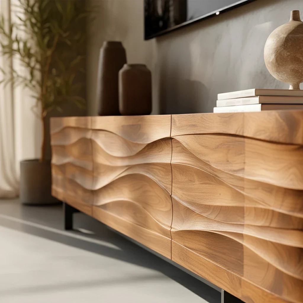 Sculpted Wave Solid Wood TV Stand — Warm Sands Finish - Rustira
