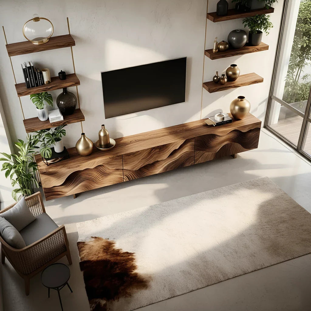Sculpted Wave Walnut TV Console - Floating Organic Media Cabinet - Rustira