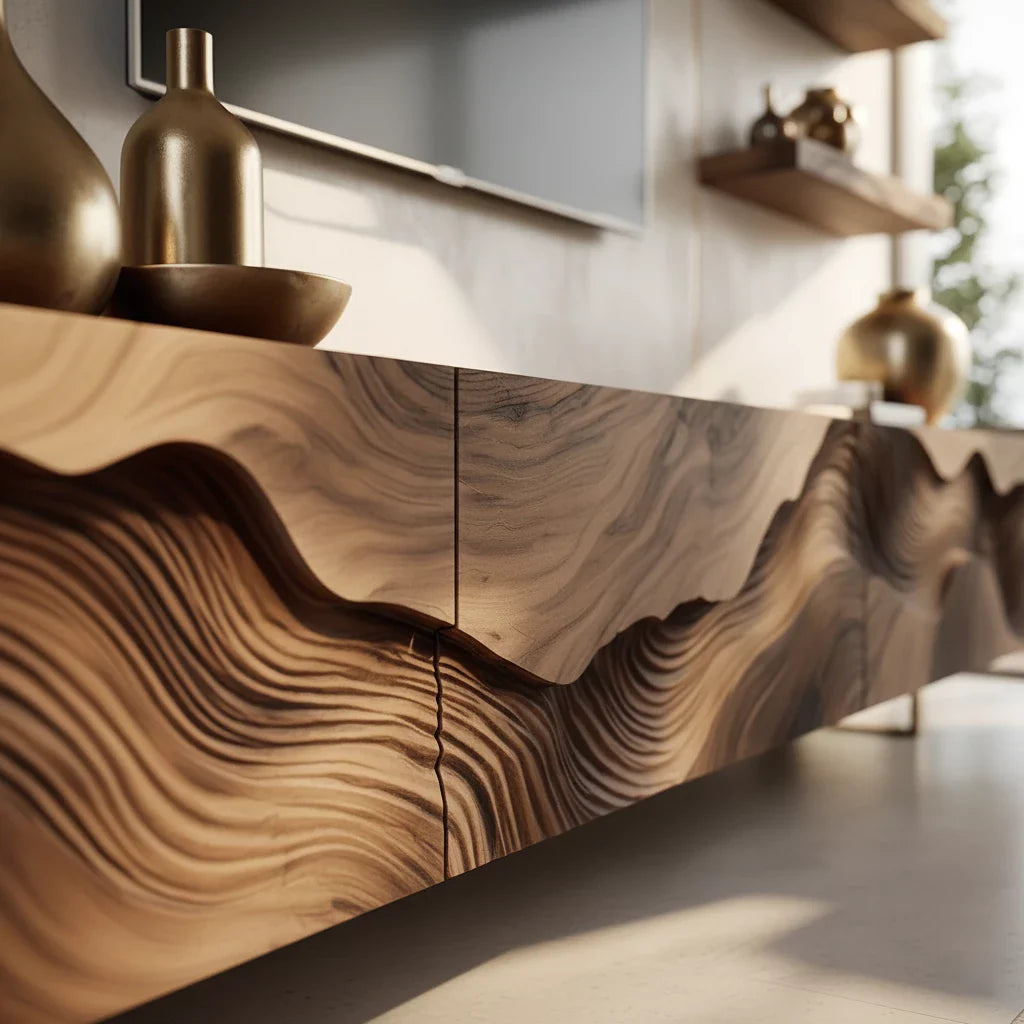 Sculpted Wave Walnut TV Console - Floating Organic Media Cabinet - Rustira