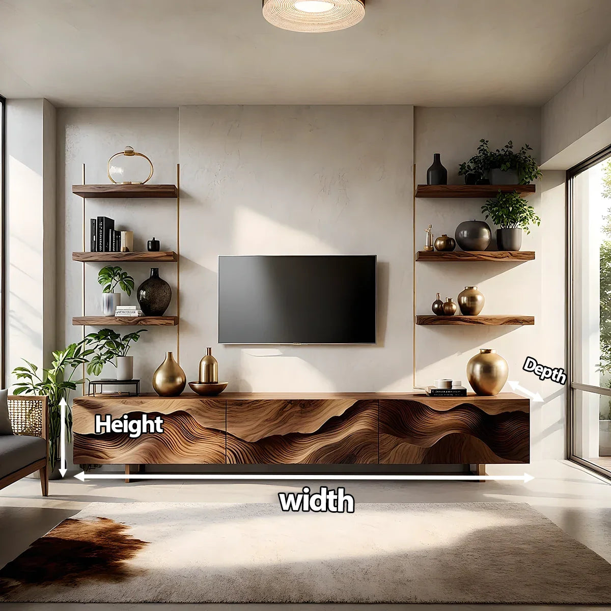 Sculpted Wave Walnut TV Console - Floating Organic Media Cabinet - Rustira