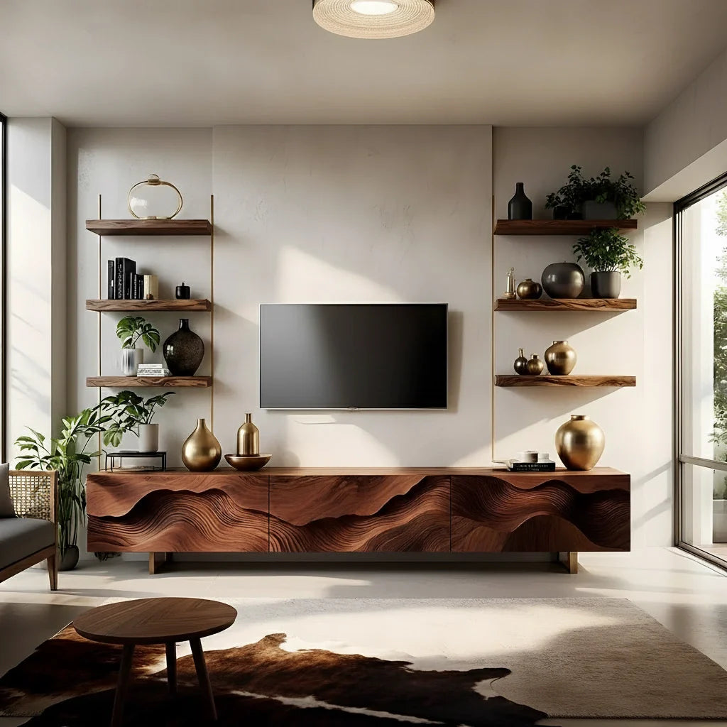 Sculpted Wave Walnut TV Console - Floating Organic Media Cabinet - Rustira