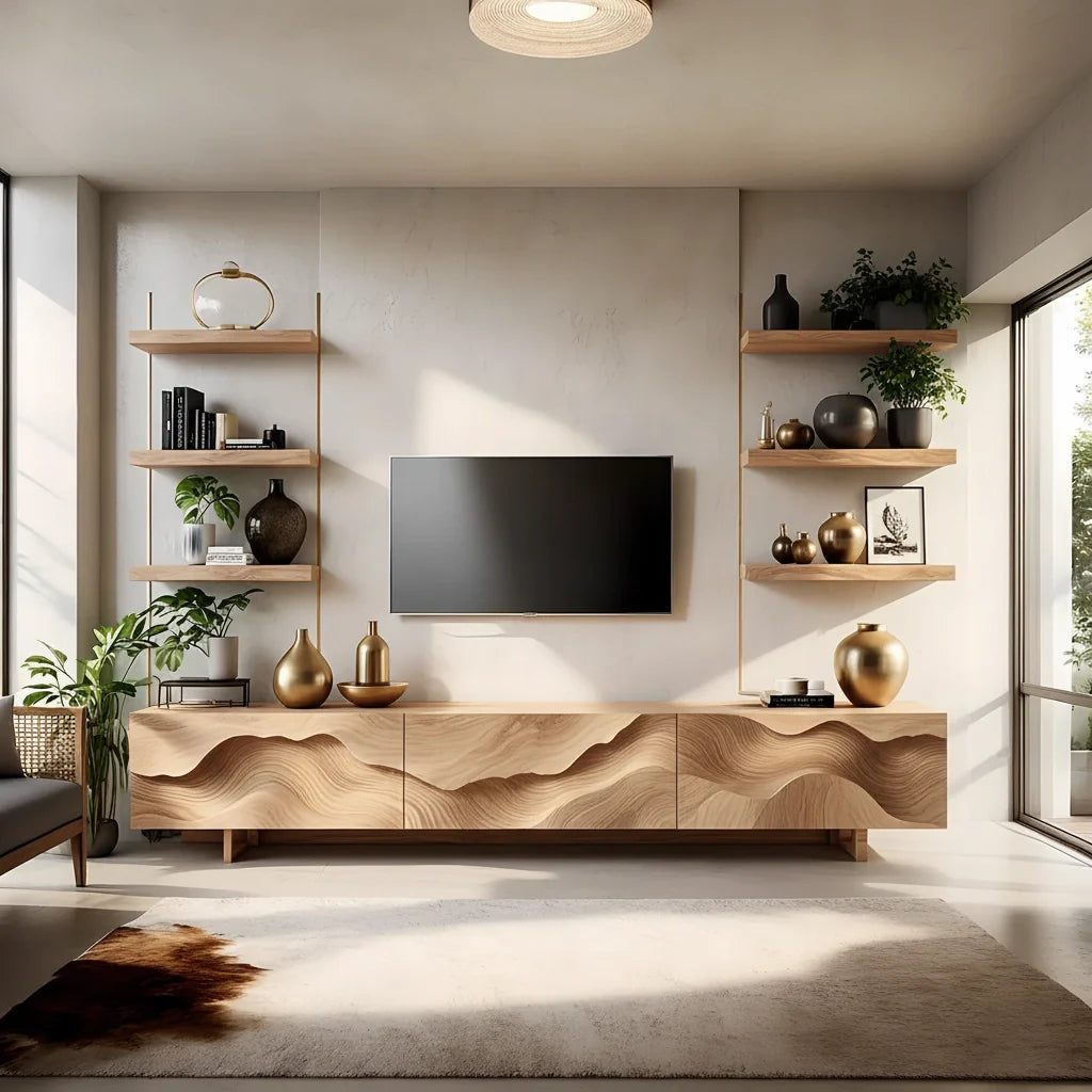 Sculpted Wave Walnut TV Console - Floating Organic Media Cabinet - Rustira