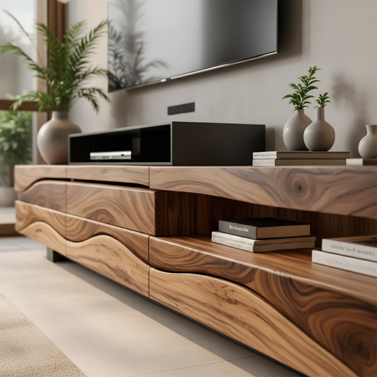 Sculpted Wave Walnut TV Console – Layered Organic Wood Design - Rustira