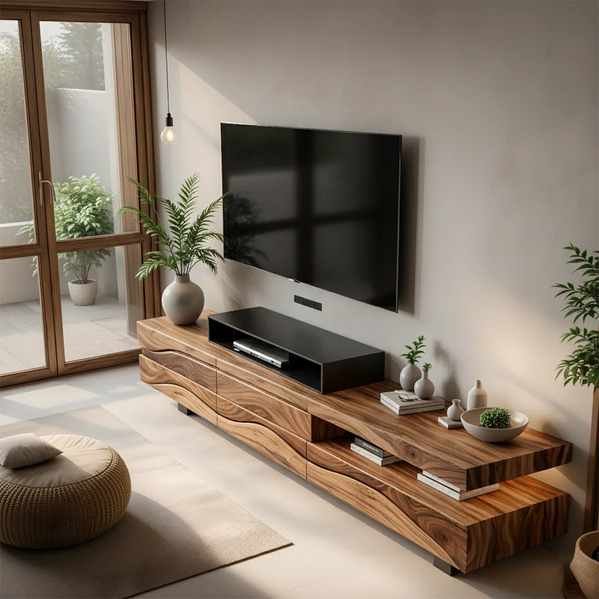Sculpted Wave Walnut TV Console – Layered Organic Wood Design - Rustira