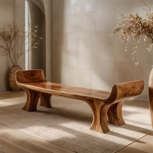 Sculpted Wing-End Bench in Natural Solid Wood - Rustirawood