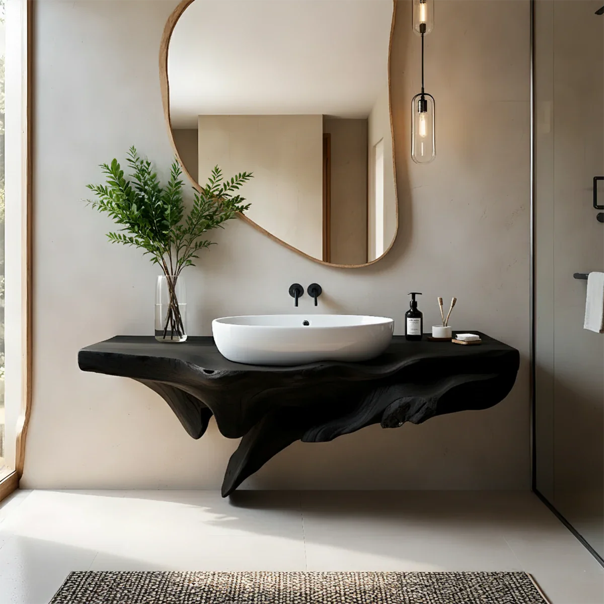 Sculptural Driftwood-Style Live Edge Floating Bathroom Vanity - Rustira